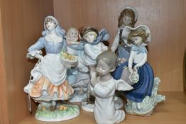 SIX ROYAL WORCESTER, COALPORT, LLADRO AND NAO FIGURINES, comprising Royal Worcester 'Rosie Picking