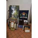 A LARGE QUANTITY OF PICTURES AND PRINTS IN TWO BOXES AND LOOSE, to include two unframed canvas