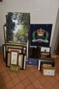 A LARGE QUANTITY OF PICTURES AND PRINTS IN TWO BOXES AND LOOSE, to include two unframed canvas