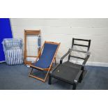 A PAIR OF MODERN TEAK FOLDING DECK CHAIRS, one brand new, along with a brand new metal stripped deck