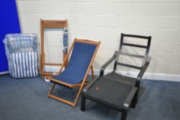 A PAIR OF MODERN TEAK FOLDING DECK CHAIRS, one brand new, along with a brand new metal stripped deck