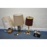 THREE TABLE LAMPS, to include a brass column lamp, a French style brass lamp, a stoneware lamp,