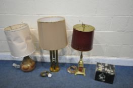 THREE TABLE LAMPS, to include a brass column lamp, a French style brass lamp, a stoneware lamp,