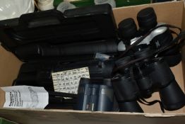A BOX OF BINOCULARS, to include a pair of Traveller 78m/1000m zoom binoculars, a pair of Praktica