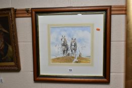 MALCOLME GREENSMITH (BRITISH CONTEMPORARY) A COASTAL HARVESTING SCENE, a pair of heavy horses are