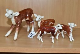 FOUR BESWICK HEREFORD CALVES, each brown and white, comprising model numbers 854, 901B, 1249E and