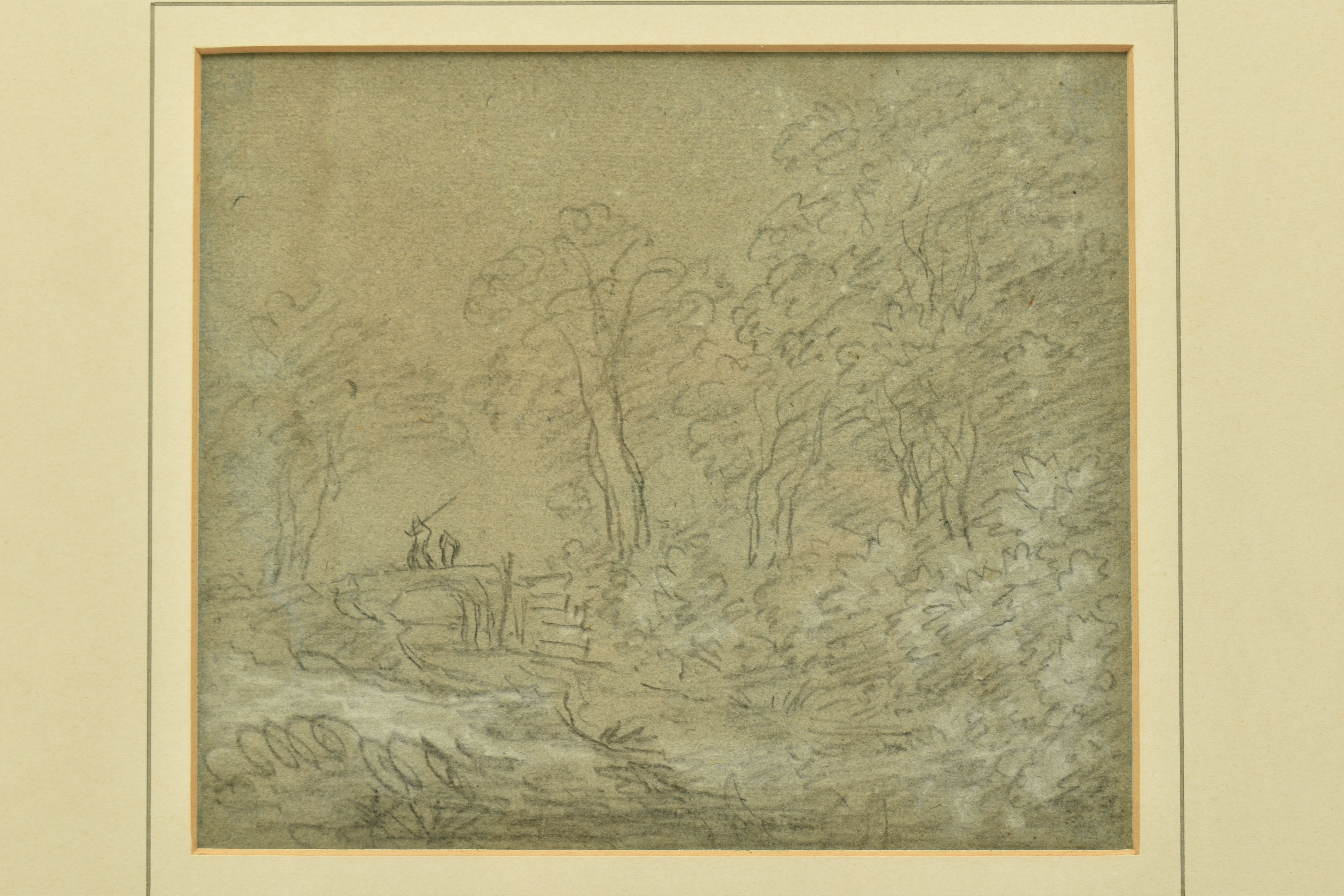 AN 18TH CENTURY ENGLISH SCHOOL LANDSCAPE SKETCH, two figures, one possibly an angler are crossing - Image 2 of 6