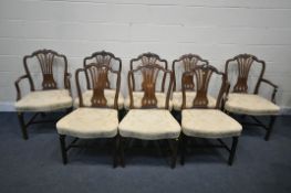 A SET OF EIGHT GEORGE III MAHOGANY HEPPLEWHITE STYLE DINING CHAIRS, with a pierced splat back and