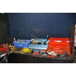 TWO TOOLBOXES AND TWO TRAYS CONTAINING TOOLS including a Record No 220 plane, a Stanley 13-052