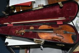 A CASED VIOLIN, the hard wooden case with plated mounts, catches and escutcheon, and fitted