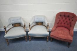 A PAIR OF EDWARDIAN MAHOGANY TUB CHAIRS, along with an Edwardian button back chair (condition