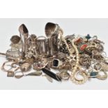 AN ASSORTMENT OF SILVER AND WHITE METAL JEWELLERY, a selection of earrings, rings, bracelets,