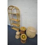 A BAMBOO FOUR TIER SHELVING STAND, width 77cm x depth 31cm x height 83cm, and two graduated circular