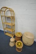 A BAMBOO FOUR TIER SHELVING STAND, width 77cm x depth 31cm x height 83cm, and two graduated circular