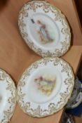 FOUR ROYAL DOULTON CABINET PLATES, printed and tinted with classical figures within a gilt scrolling