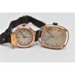 TWO EARLY TO MID 20TH CENTURY GOLD WRISTWATCHES, the first a manual wind 'Waltham', round silver