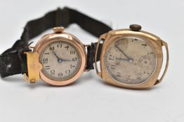 TWO EARLY TO MID 20TH CENTURY GOLD WRISTWATCHES, the first a manual wind 'Waltham', round silver