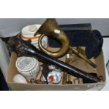 A BOX OF SUNDRY ITEMS ETC, to include a Bakelite military 'compass magnetic marching' mark 1, a 1944