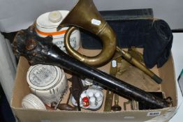 A BOX OF SUNDRY ITEMS ETC, to include a Bakelite military 'compass magnetic marching' mark 1, a 1944