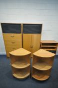 A SELECTION OF MODERN BEECH OFFICE CABINETS, to include two tall cabinets including doors, filing