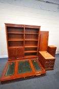 A TWIN YEWWOOD OPEN BOOKCASE, overall width 178cm x each bookcase width 89cm x depth 38cm x height