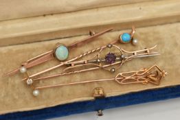 AN ASSORTMENT OF BROOCHES AND STICK PINS, a collection comprising of a diamond and seed pearl