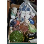 A BOX OF CERAMICS AND GLASS, ETC AND TWO FRAMED PRINTS, including assorted Caithness vases, a pair