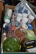 A BOX OF CERAMICS AND GLASS, ETC AND TWO FRAMED PRINTS, including assorted Caithness vases, a pair