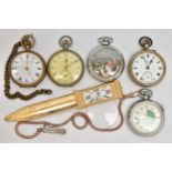 FOUR POCKET WATCHES, A STOP WATCH AND A NOVELTY CLOCK LETTER OPENER, to include a novelty manual