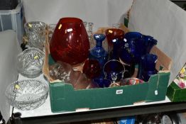 TWO BOXES OF CUT GLASS AND DECORATIVE GLASS WARES ETC, to include a set of six large matching wine