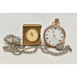 FOUR ITEMS, to include an open face pocket watch, the white face with black Roman numerals and