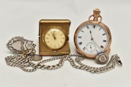 FOUR ITEMS, to include an open face pocket watch, the white face with black Roman numerals and