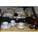 ONE BOX OF TEA WARE AND SUNDRIES, to include a vintage French black glass vase, Queen's China '