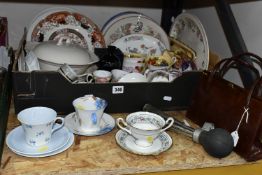 ONE BOX OF TEA WARE AND SUNDRIES, to include a vintage French black glass vase, Queen's China '