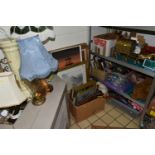 SIX BOXES AND LOOSE METAL WARES, PICTURES, LAMPS AND SUNDRY ITEMS, to include nine table lamps