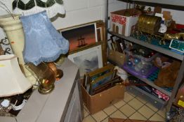 SIX BOXES AND LOOSE METAL WARES, PICTURES, LAMPS AND SUNDRY ITEMS, to include nine table lamps