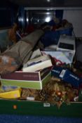 FOUR BOXES AND LOOSE COLLECTABLES, SUNDRIES, CHRISTMAS DECORATIONS, SOFT TOYS, SPORTING EQUIPMENT,