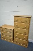 A TALL PINE CHEST OF FIVE DRAWERS, width 70cm x depth 49cm x height 139cm, and a matching chest of