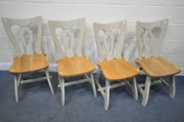 A SET OF FOUR PAINTED AND OAK TRESTLE CHAIRS (4)