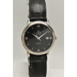 A BOXED STEEL OMEGA DE VILLE PRESTIGE CO-AXIAL CHRONOMETER WRISTWATCH, black dial with Arabic and