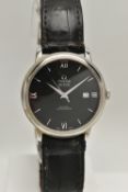 A BOXED STEEL OMEGA DE VILLE PRESTIGE CO-AXIAL CHRONOMETER WRISTWATCH, black dial with Arabic and