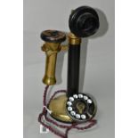 AN EARLY 20TH CENTURY CANDLESTICK TELEPHONE, earpiece marked Stalloy No.12, brass and Bakelite,