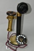 AN EARLY 20TH CENTURY CANDLESTICK TELEPHONE, earpiece marked Stalloy No.12, brass and Bakelite,