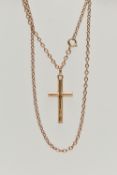 A 9CT GOLD CROSS NECKLACE, a plain polished cross pendant, hallmarked 9ct London, suspended from a