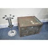 A VINTAGE METAL BANDED MILITARY TRUNK, width 58cm x depth 47cm x height 37cm, and a spirit dispenser