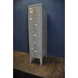 A TALL VINTAGE SET OF 15 INDEX DRAWERS in grey, with hoop handles and card inserts width 28cm x