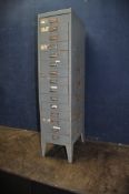 A TALL VINTAGE SET OF 15 INDEX DRAWERS in grey, with hoop handles and card inserts width 28cm x