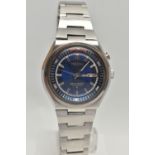 A SEIKO DAY DATE BELL-MATIC WRISTWATCH blue dial with silver colour hourly applied markers, silver