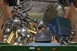 TWO BOXES OF METAL WARES, mainly silver plate to include cutlery, salts and cruets, candlesticks,