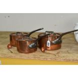 THREE GRADUATING FRENCH COPPER SAUCEPANS, with lids, all stamped 'Made in France', diameters 18cm,